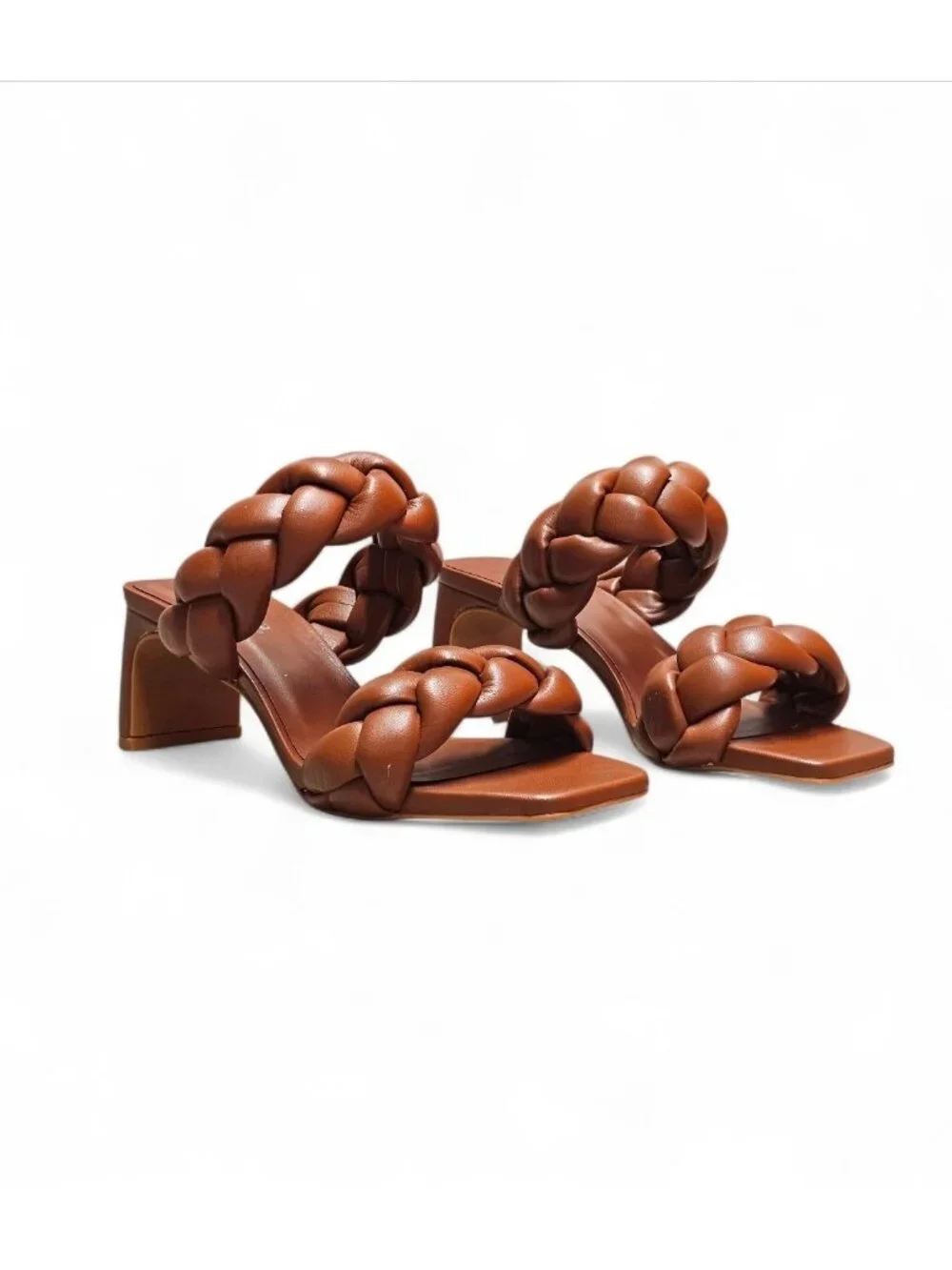 Braided Brown Block Heel Sandals With Square Toe Womens Stylish Open-Toe Slip-On - Picture 6 of 12
